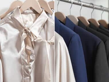 Professionally cleaned and pressed business suits and slacks ready for pickup at Bims Laundry Cafe.