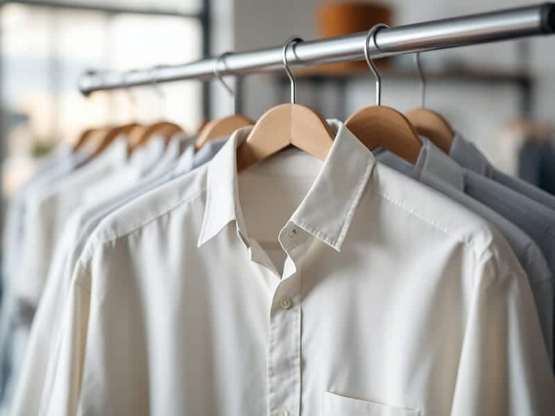 Crisp pressed dress shirts hanging for dry cleaning