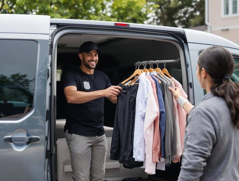 Bims Laundry Cafe delivery driver handing over a freshly dry cleaned order to a customer at home in Everett