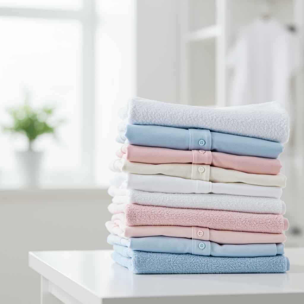 Neatly stacked freshly washed and folded pastel and white towels and shirts at Bims Laundry Cafe, wash and fold near me in Everett, WA