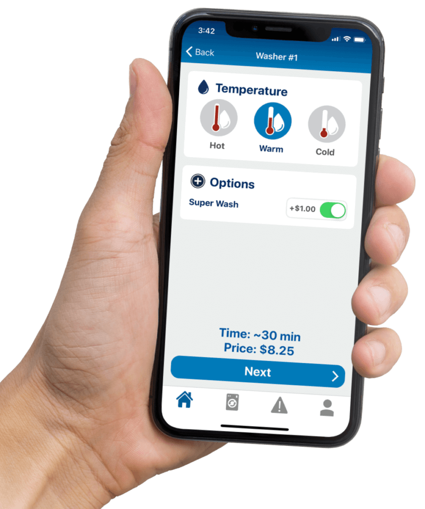Hand holding phone showing DexterPay app interface for laundry settings at Bims Laundry Cafe