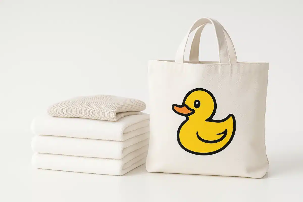 Neatly folded laundry beside a canvas tote with a yellow duck logo — Bims Laundry Cafe pickup & delivery.