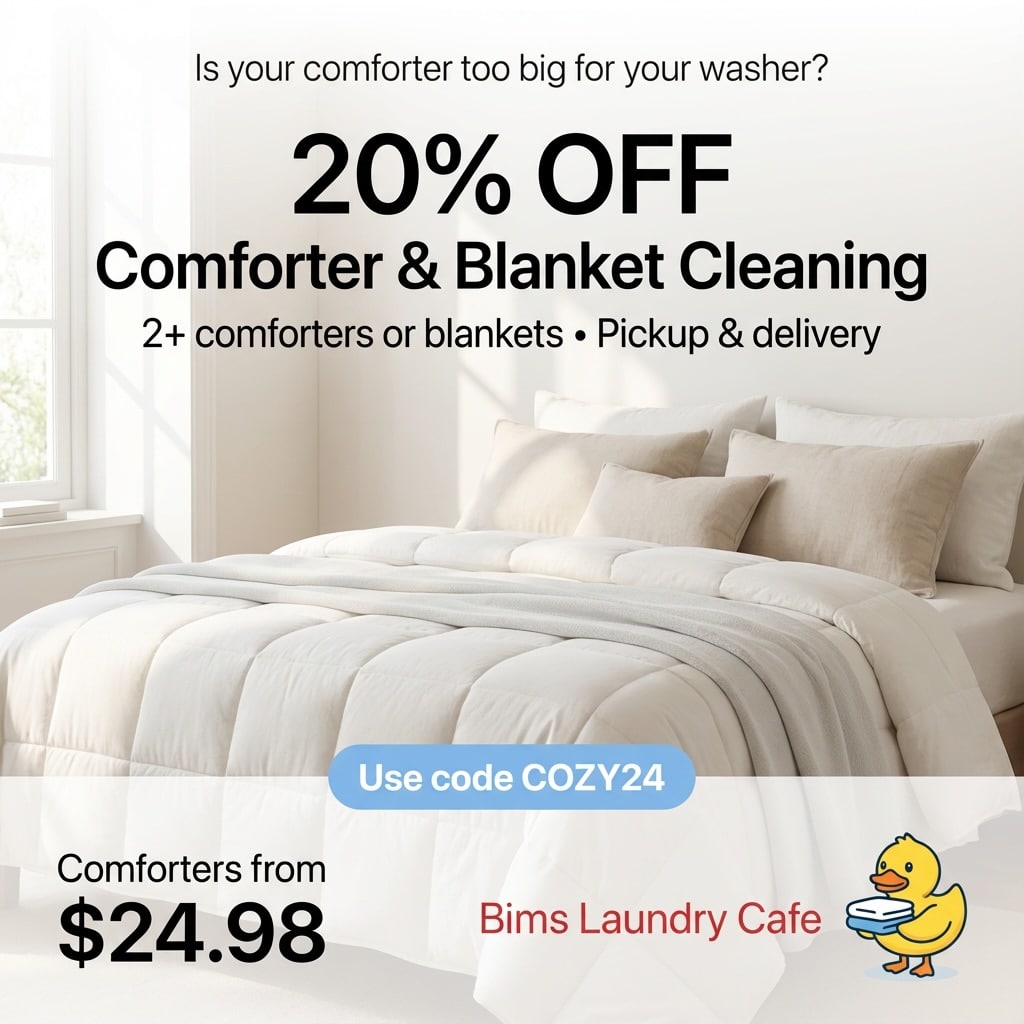 20% Off Comforter & Blanket Cleaning – winter bedding service at Bims Laundry Cafe Everett WA