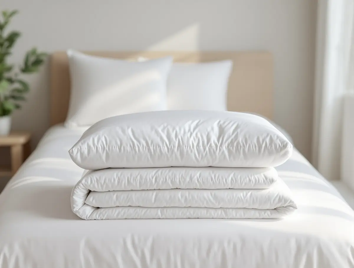 Comforter neatly stacked on a bed — professional cleaning, pickup & delivery.