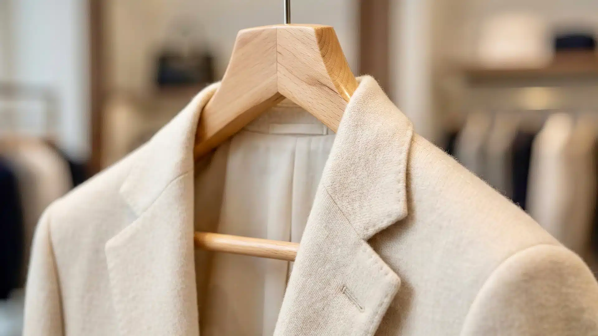 Close-up detail of a freshly dry-cleaned beige suit jacket showing pristine fabric texture