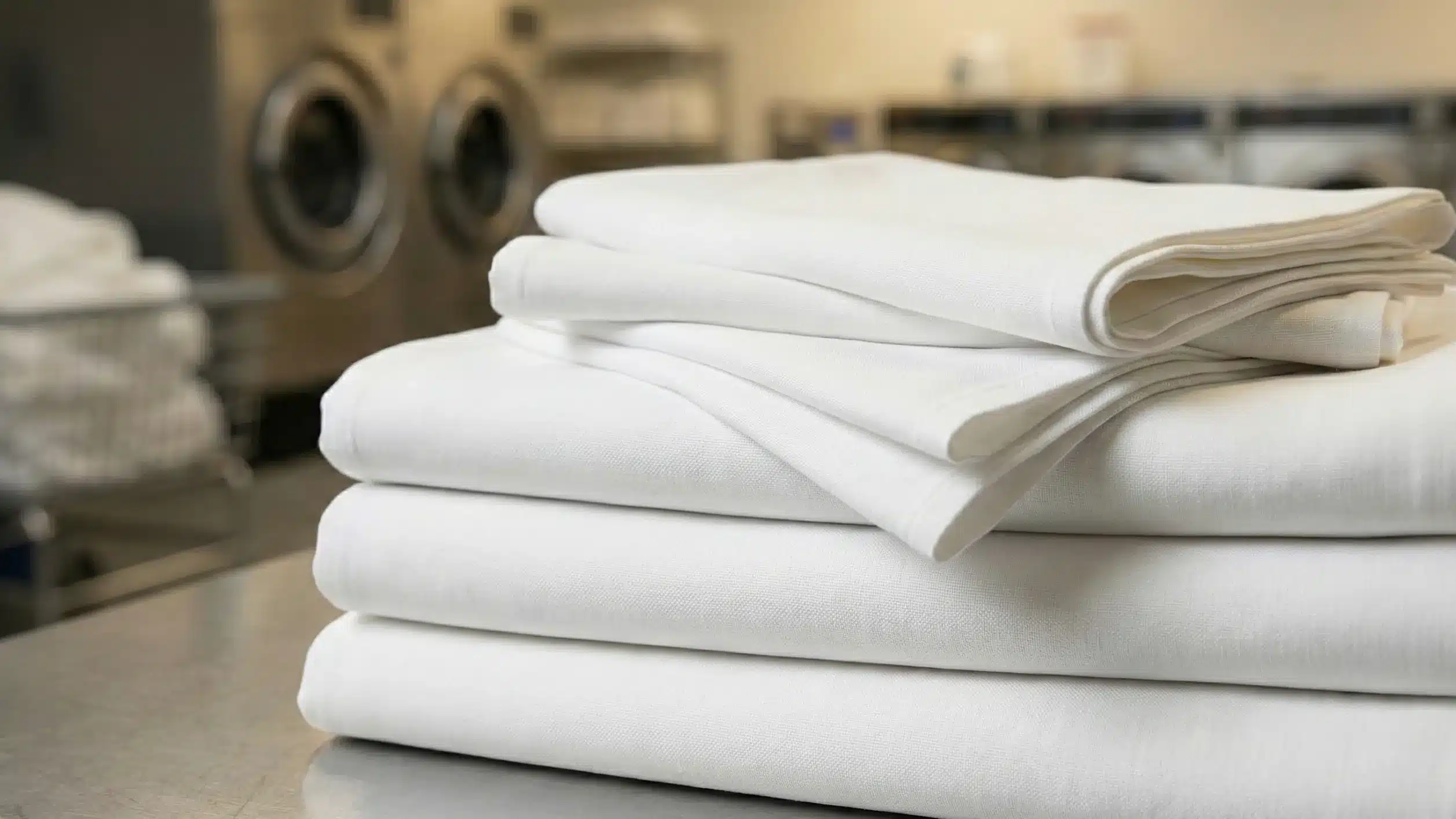 Stacked white tablecloths and folded napkins on a stainless steel table at a commercial laundry facility in Everett, WA